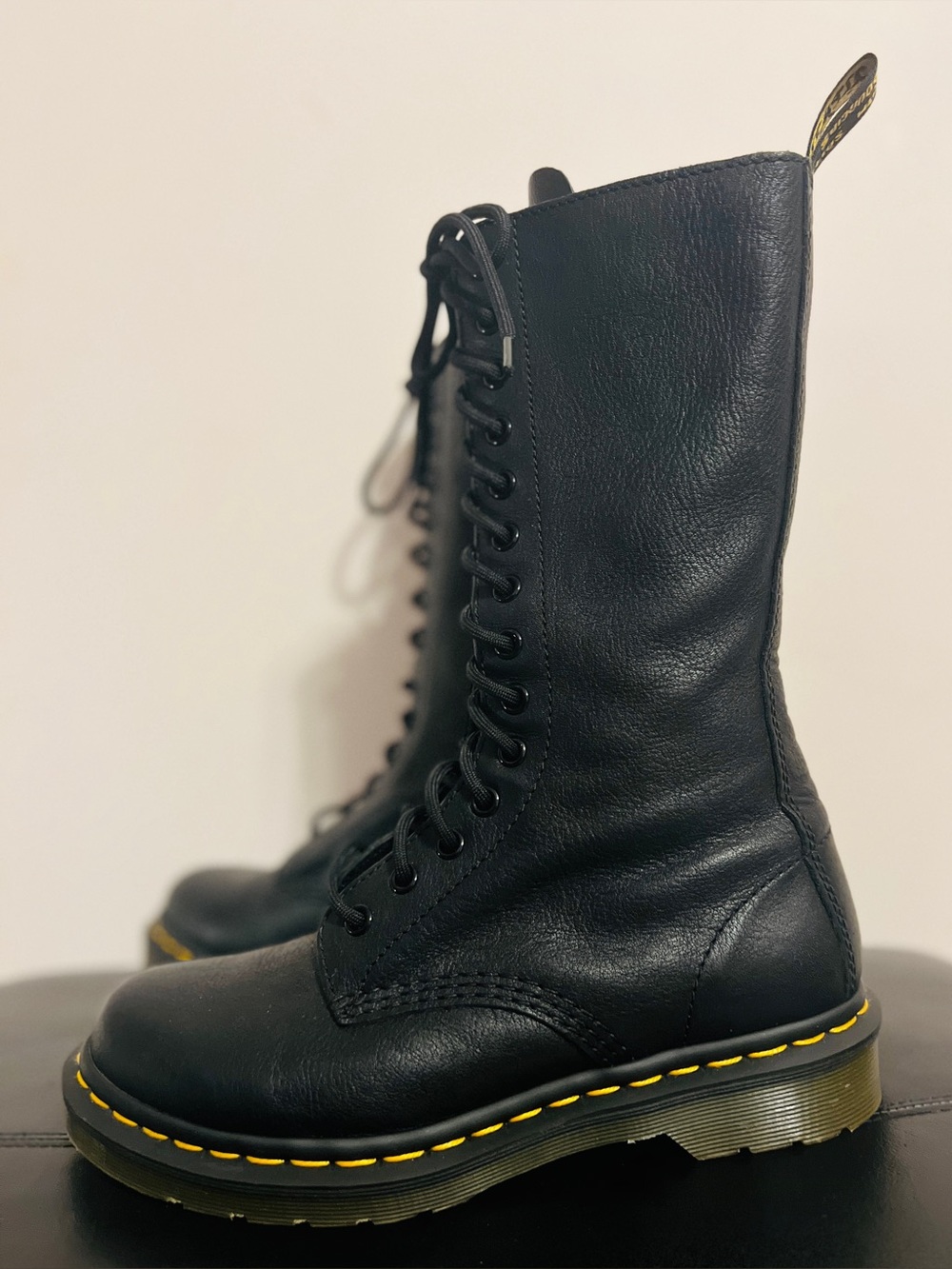 Dr. Martens Black 14-Eye Lace-Up Combat Boots with Yellow Stitching